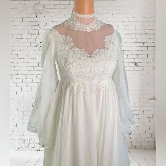 Vntg. Alfred Angelo Chiffon Wedding Dress High Neck Long Sleeves Bridal Gown - Picture 1 of 16